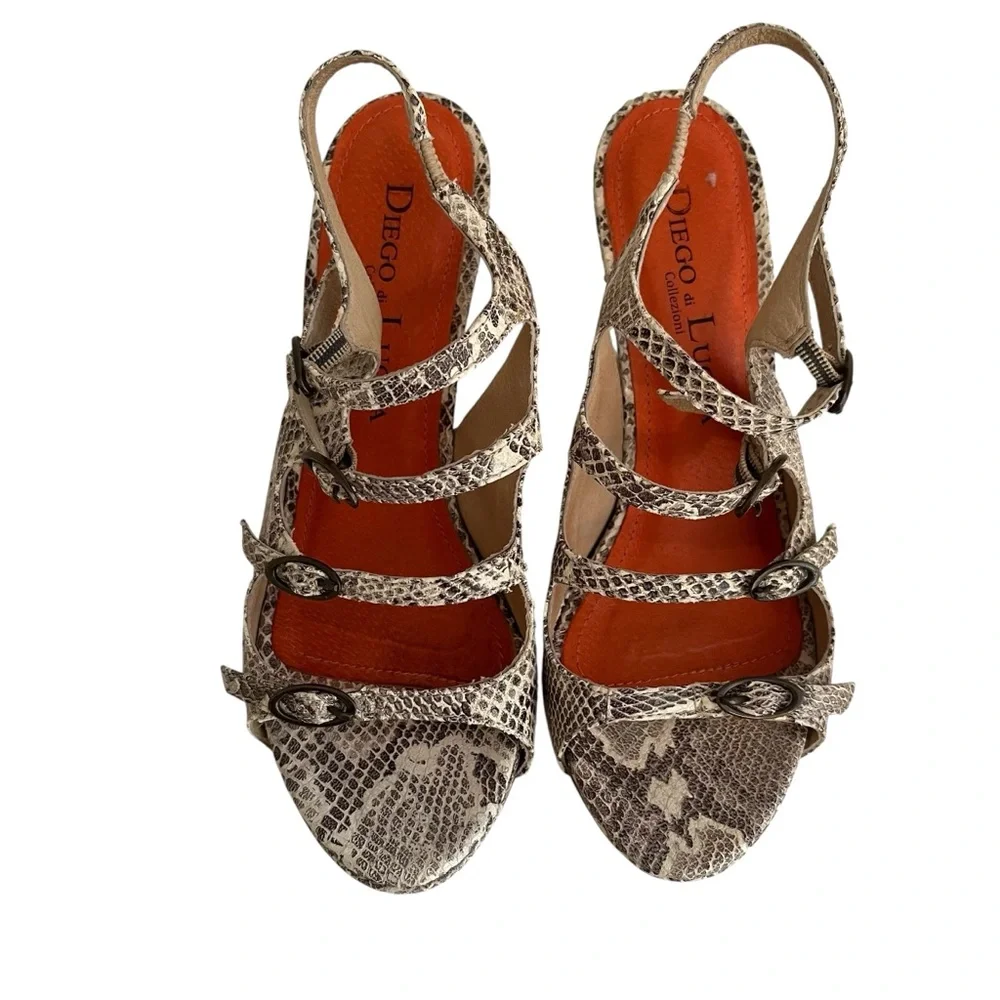 Diego di Lucca Collection "Collezioni" Brown Leather Snakeskin Wedge Sandals 6.5 - Picture 2 of 9